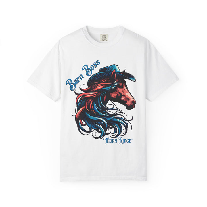 t-shirt with a horse head wearing a cowboy hat graphic labeled Barn Boss and Thorn Ridge