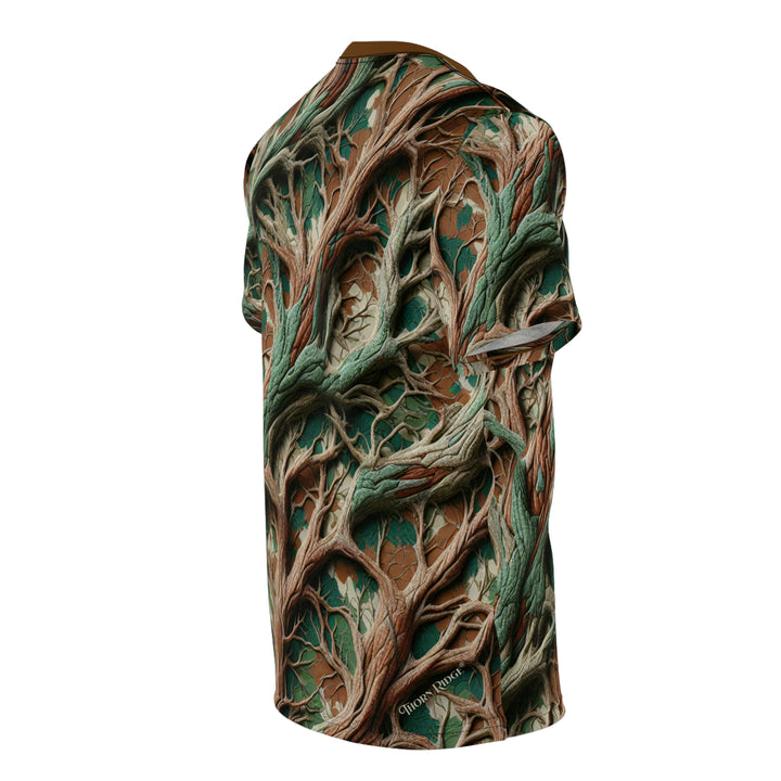 camo inspired colored T-shirt with intricate root pattern labeled Thorn Ridge®
