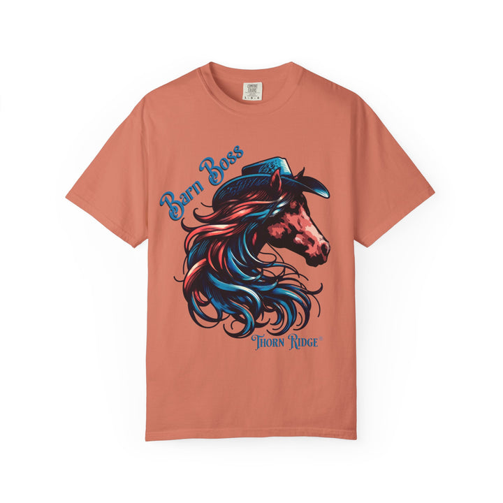 t-shirt with a horse head wearing a cowboy hat graphic labeled Barn Boss and Thorn Ridge