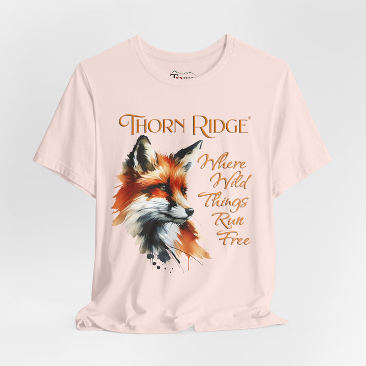Where Wild Thing Run Free graphic tee with a fox labeled Thorn Ridge®