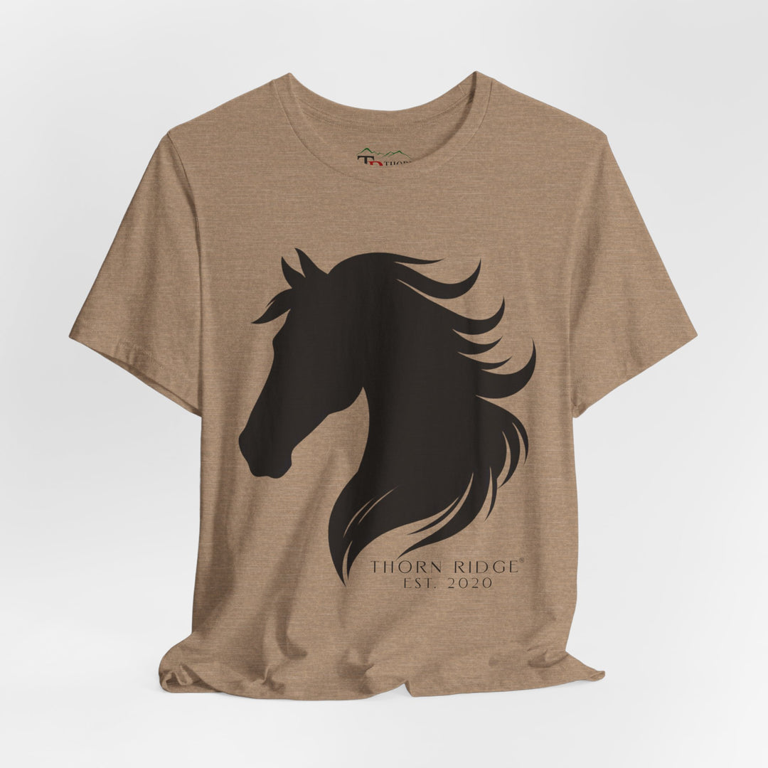 t-shirt with black horse silhouette and 'Thorn Ridge' branding 