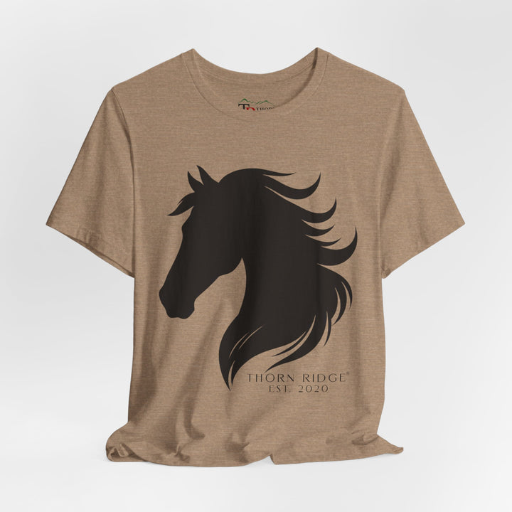 t-shirt with black horse silhouette and 'Thorn Ridge' branding 