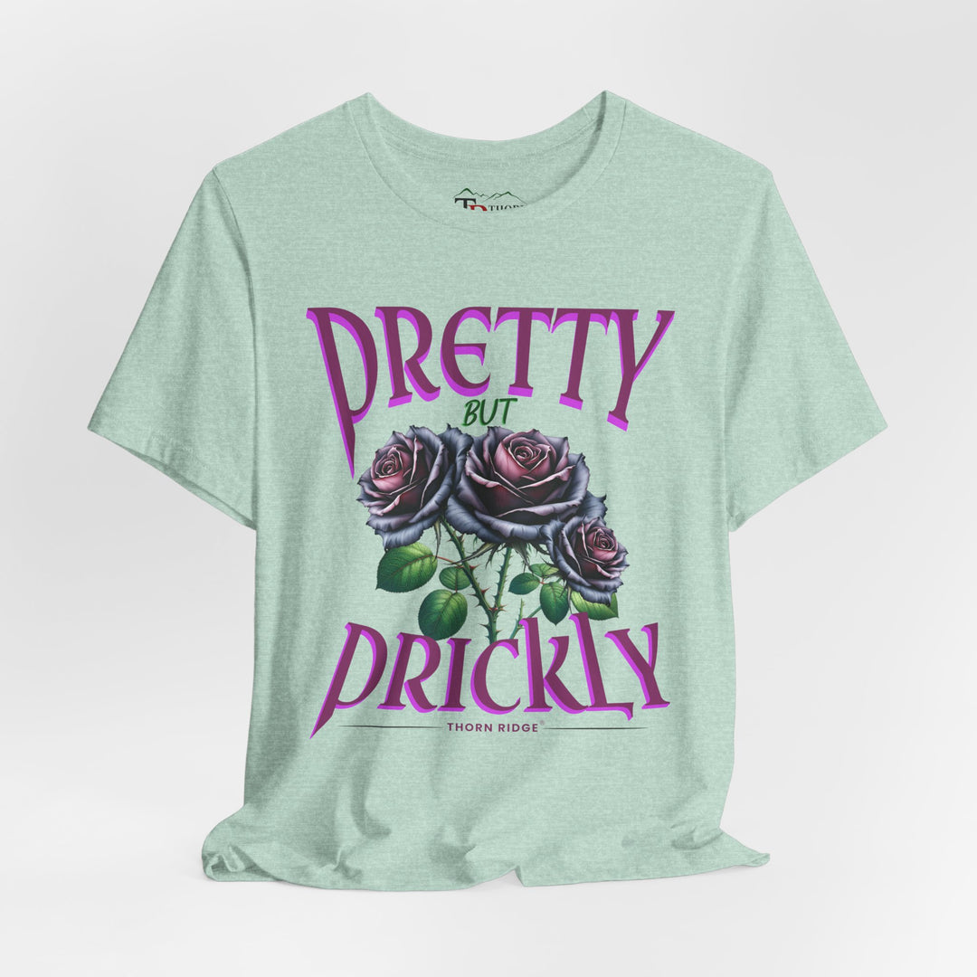 Pretty But Prickly Thorn Ridge Roses Branded t-shirt in purple with black and purple roses. 