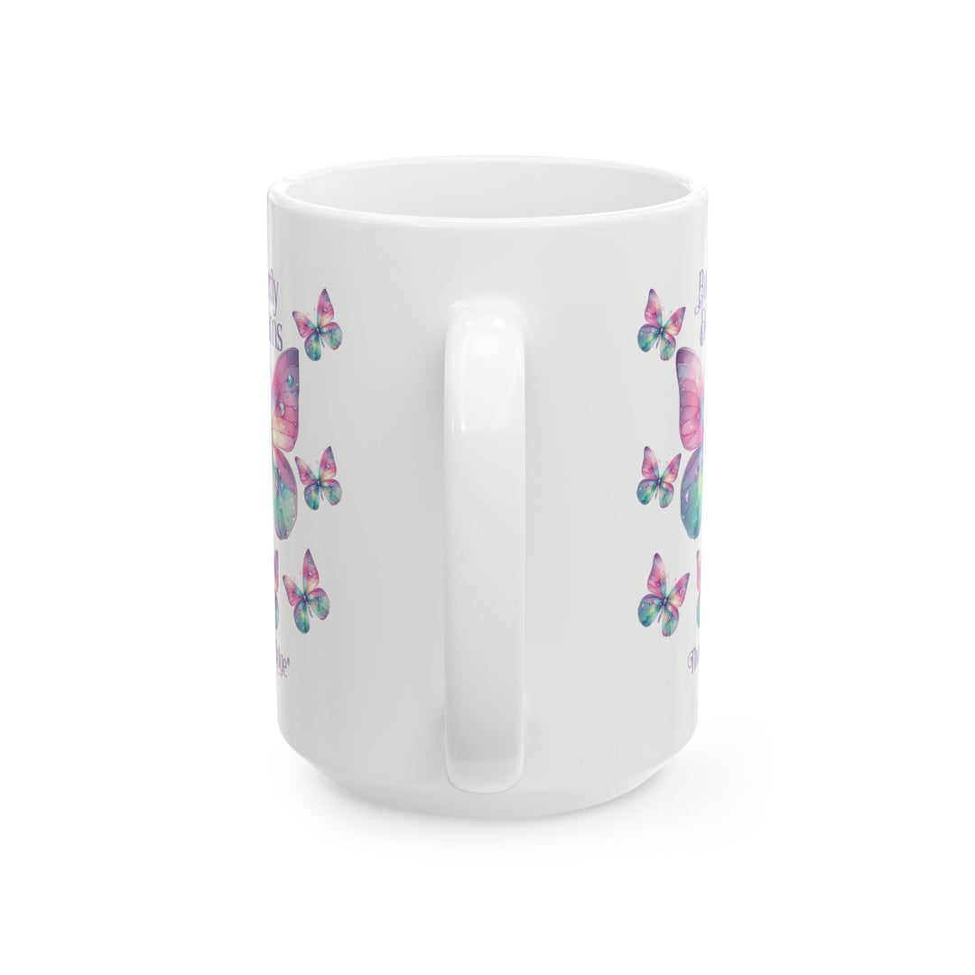 White mug with colorful butterfly design and 'Butterfly Dreams' text by Thorn Ridge®