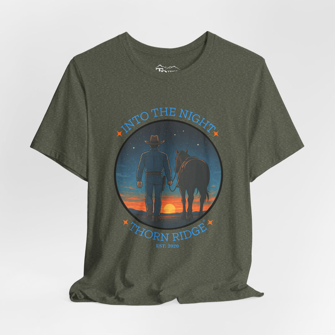 t-shirt with 'Into the Night' and 'Thorn Ridge' graphic design of a cowboy leading his horse into the setting sun as night is falling.