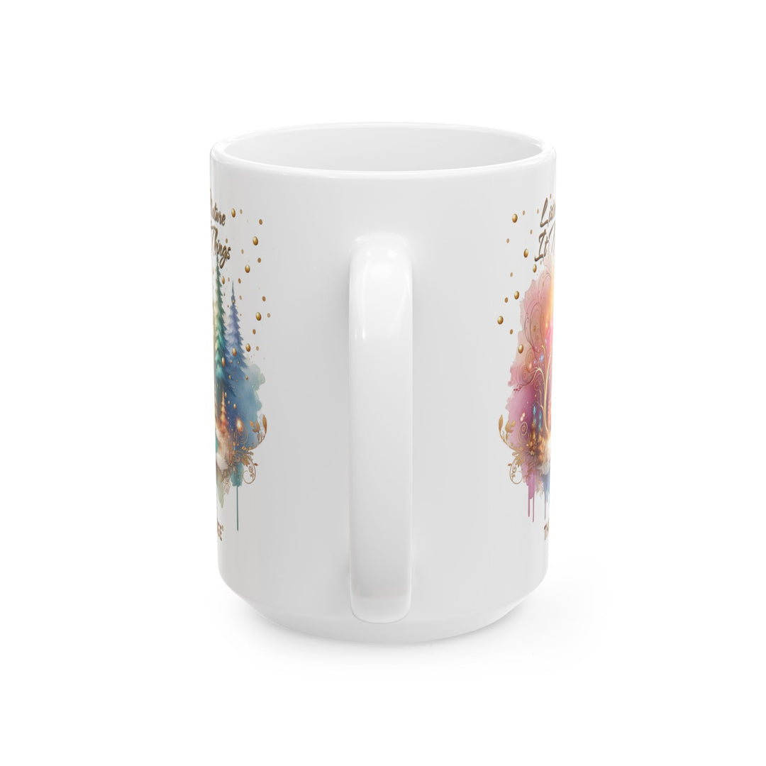 Listen to Nature It Knows Things mug by Thorn Ridge® showing a pastel forest scene with a river running through it. 