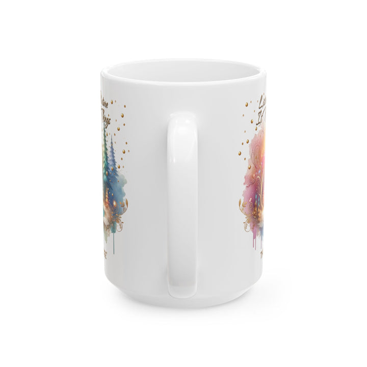Listen to Nature It Knows Things mug by Thorn Ridge® showing a pastel forest scene with a river running through it. 