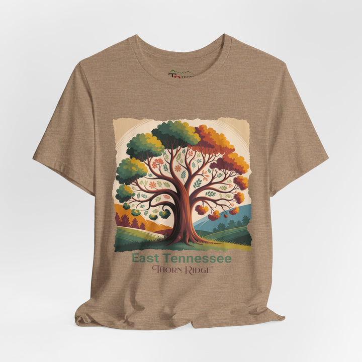 t-shirt with a colorful tree design and 'East Tennessee Thorn Ridge' text showing leaves changing during the fall of the year. 