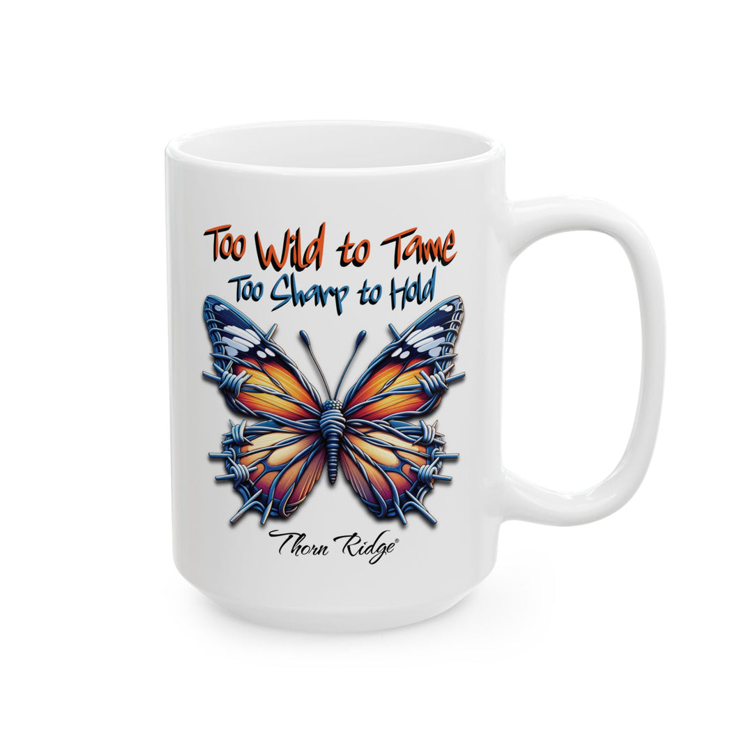Too Wild to Tame Too Sharp to Hold butterfly design with barbed wire along the edges of the wings by Thorn Ridge®