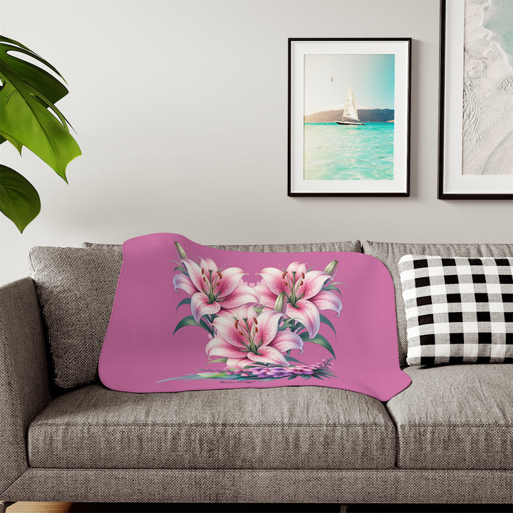 Three Lillies illustraton in pink on a pink sherpa blanket by Thorn Ridge®