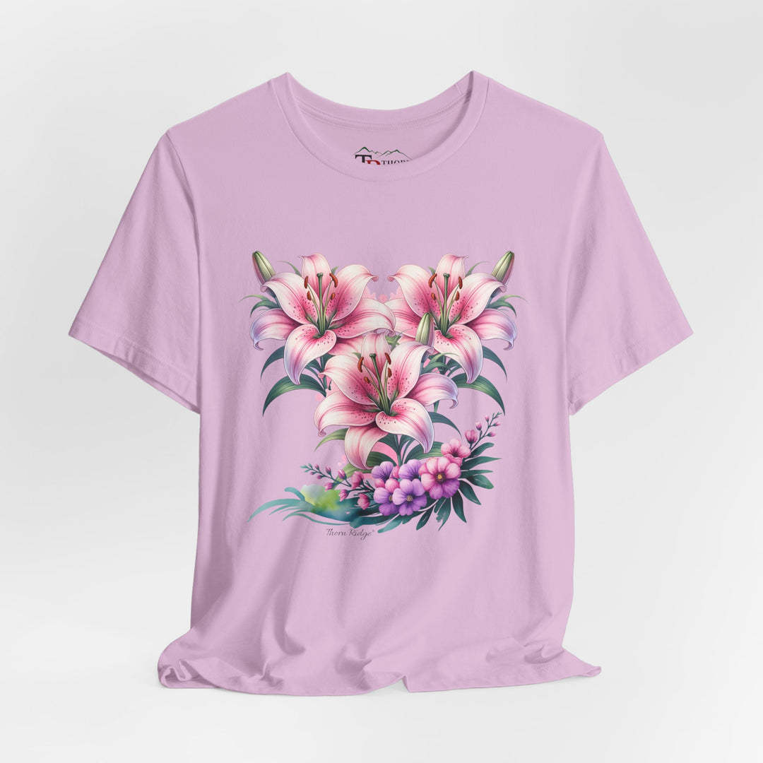 t-shirt with pink floral design of three lillies branded to Thorn Ridge®