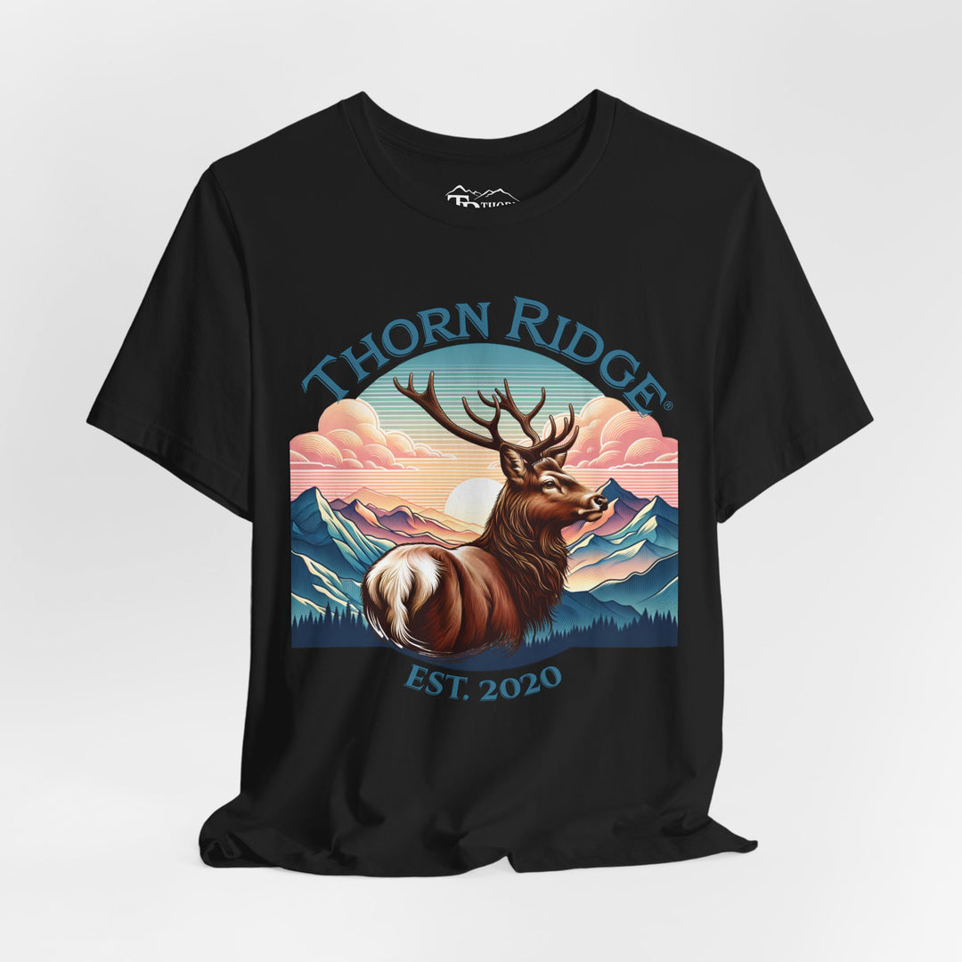 Guardian Buck Tee of a white tailed buck looking out across the mountains labeled Thorn Ridge®