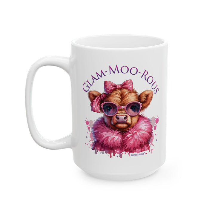 Thorn Ridge® Mug with a cow wearing glasses and fur colored jacket in hot pink and the text 'GLAM-MOO-ROUS' on a white background.