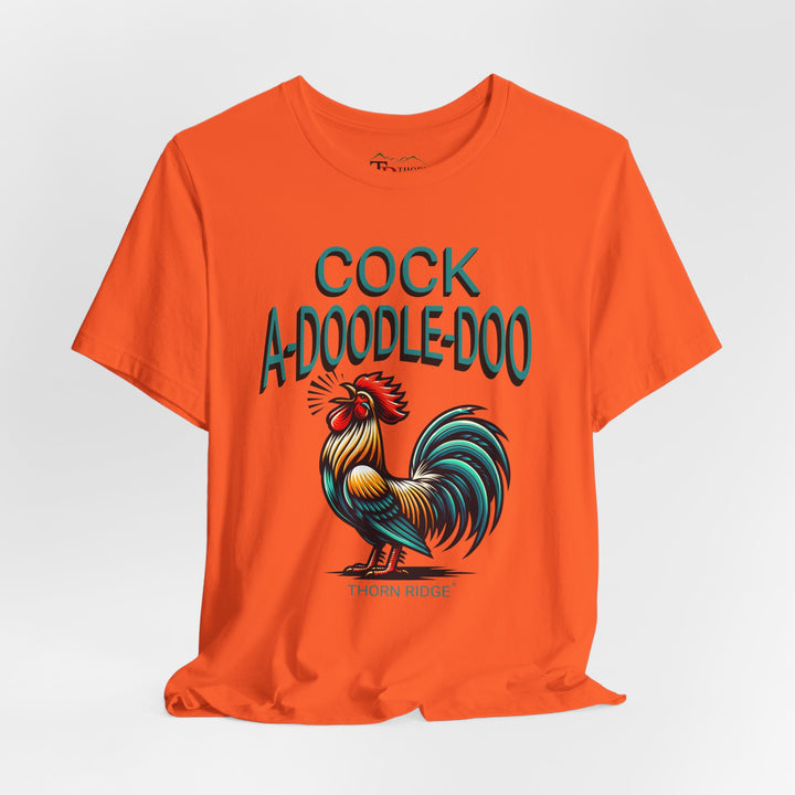 t-shirt with colorful rooster graphic and 'Cock A-Doodle-Doo' text labeled Thorn Ridge®