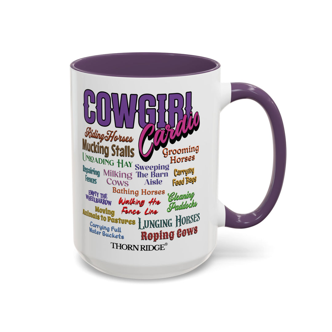 Mug with 'Cowgirl Cardio' text and purple handle on a white background