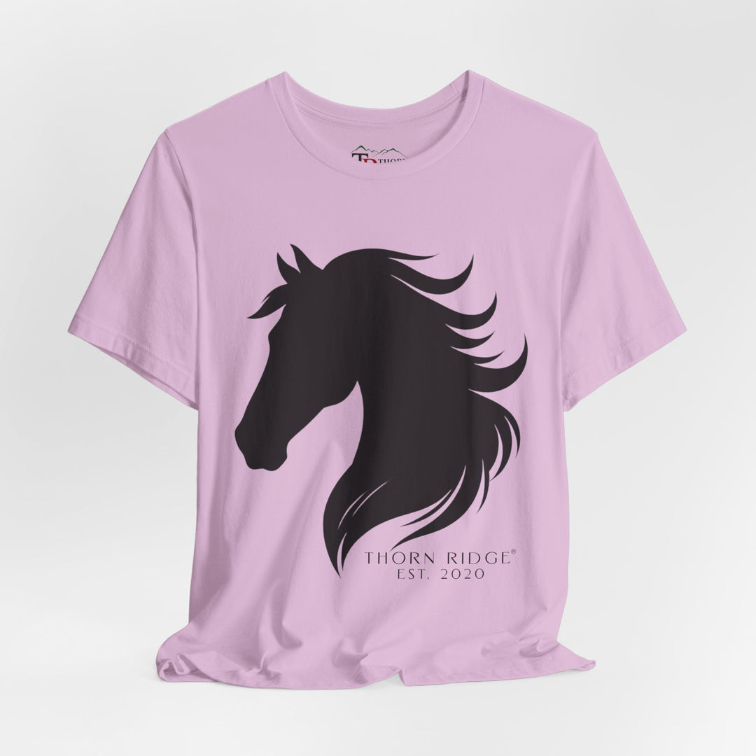 t-shirt with black horse silhouette and 'Thorn Ridge' branding 