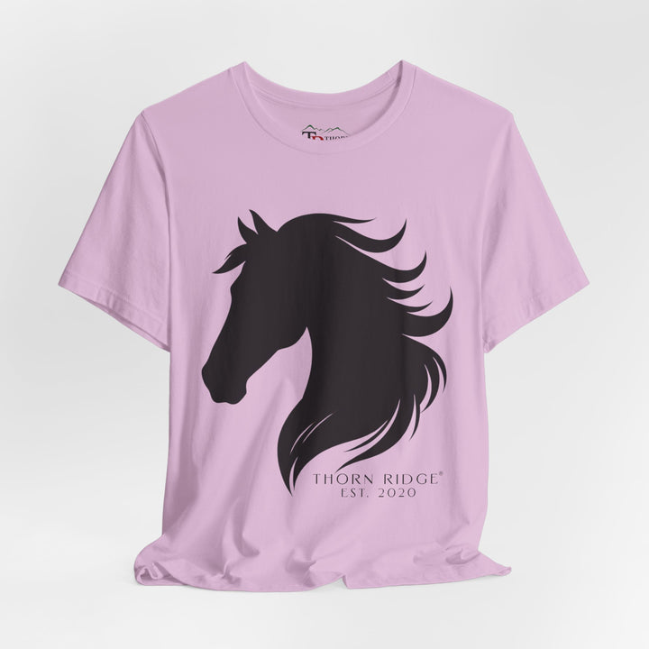 t-shirt with black horse silhouette and 'Thorn Ridge' branding 