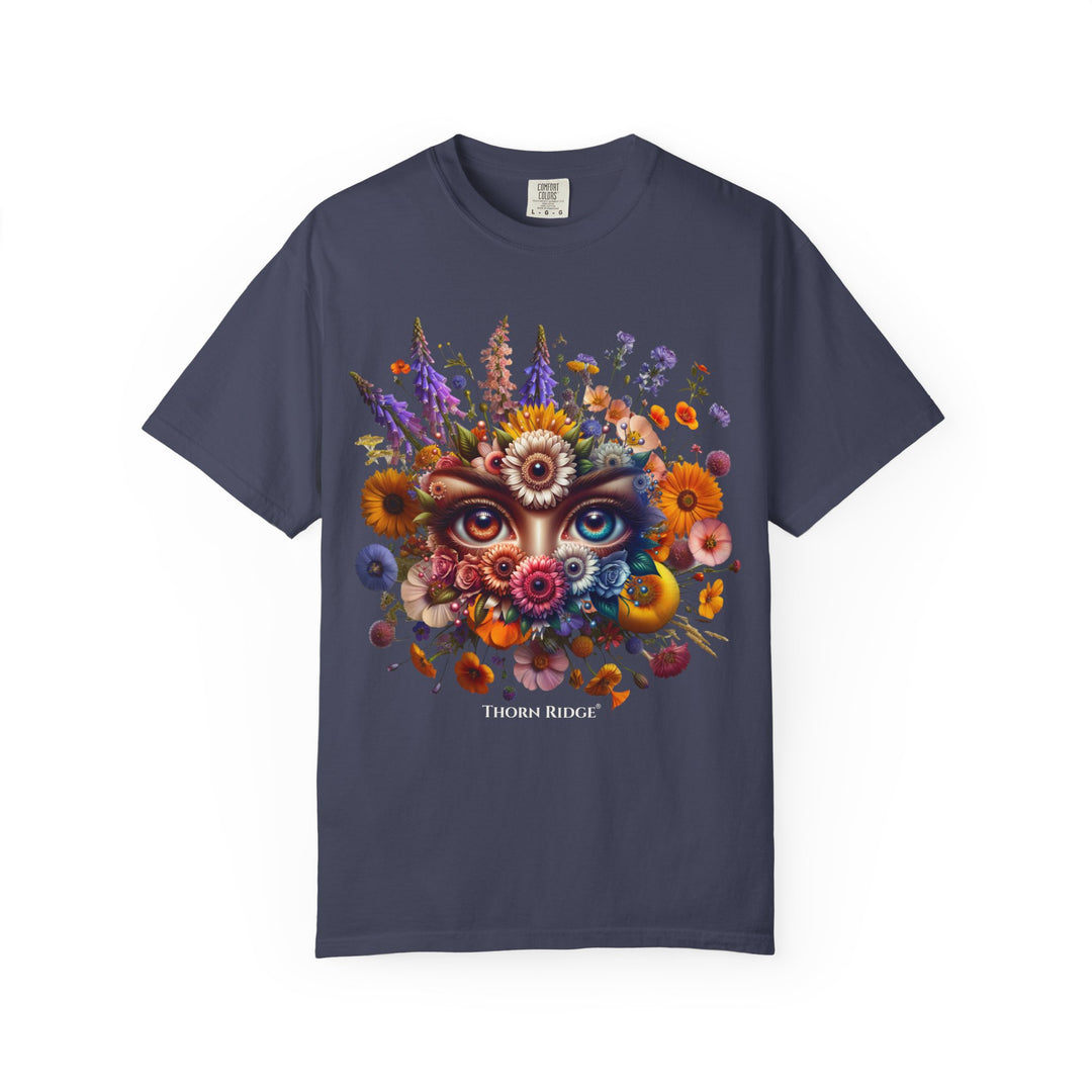 t-shirt with a colorful floral design and eyes in the center that seem like they're watching you. Branded Thorn Ridge®.