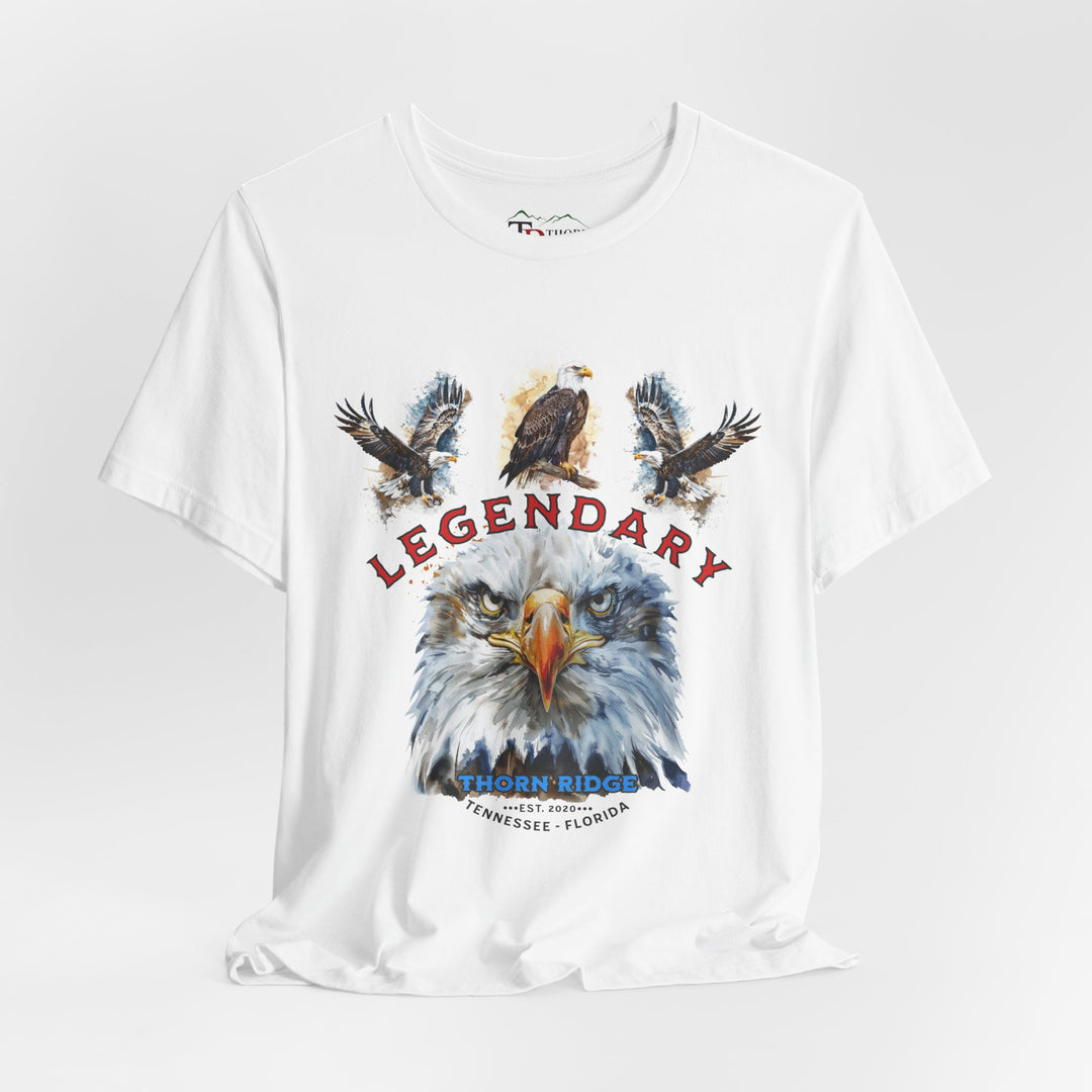 t-shirt with an eagle graphic and 'Legendary' text with three eagles above it