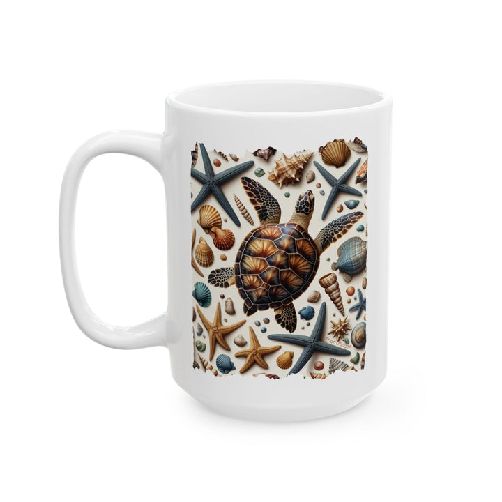 White mug with a sea-themed design featuring a turtle, starfish, and shells by Thorn Ridge®