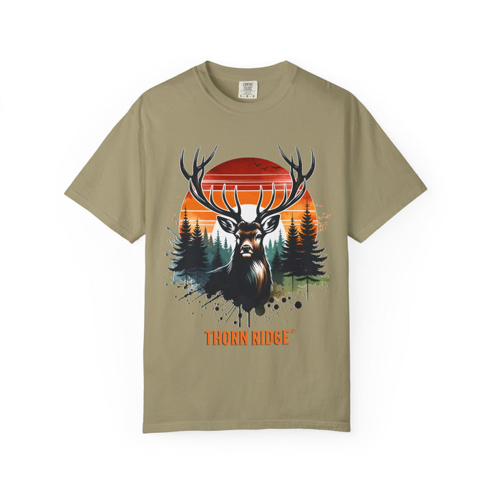 Buck At Sunset Tee labeled Thorn Ridge®