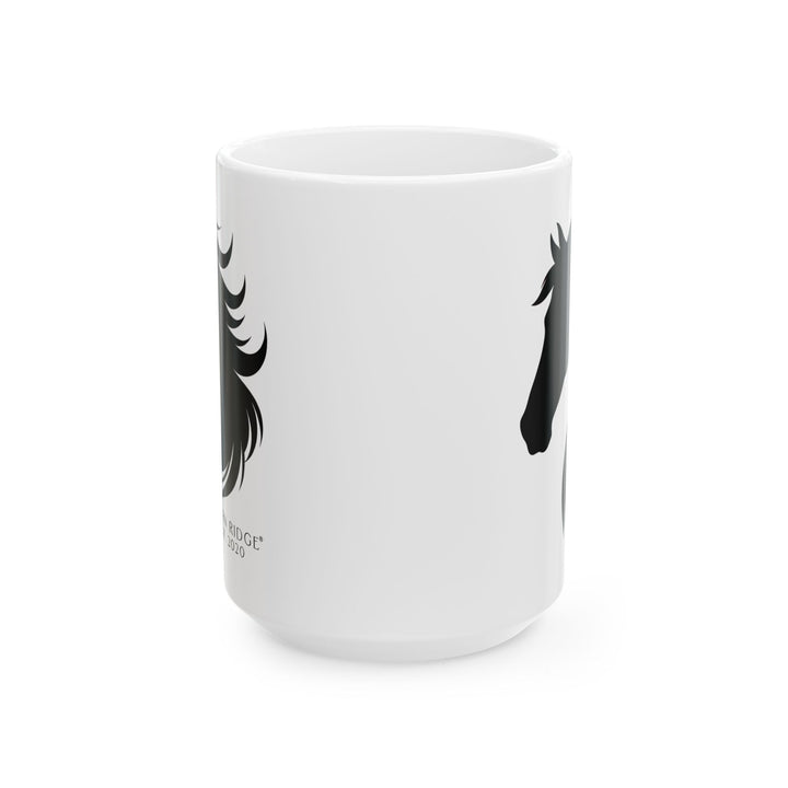 White mug with black horse head with flowing mane silhouette and 'Thorn Ridge Est. 2020' text on a white background