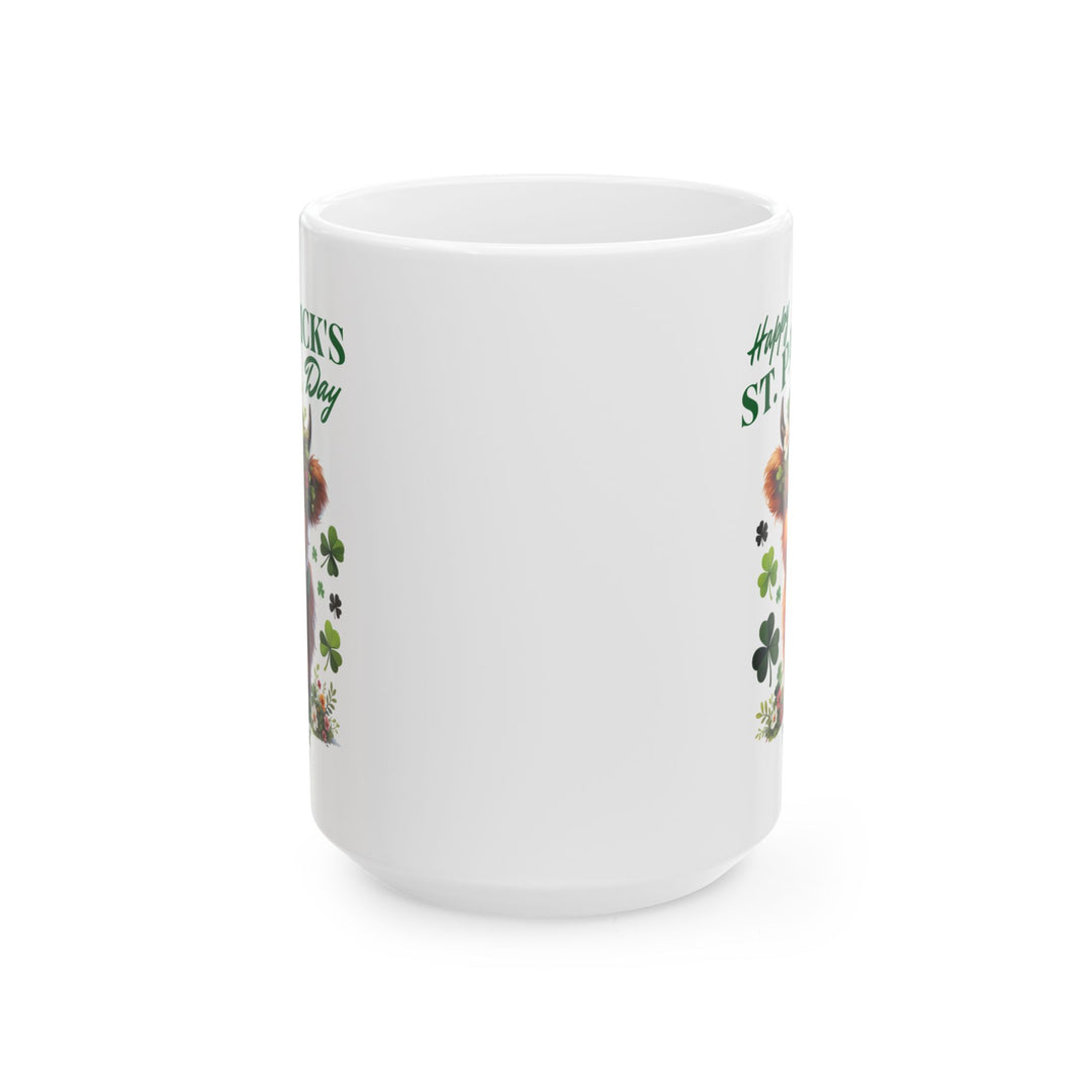 White mug with a design of a highland cow wearing a flower crown, surrounded by shamrocks, and 'Happy St. Patrick's Day' and Thorn Ridge®