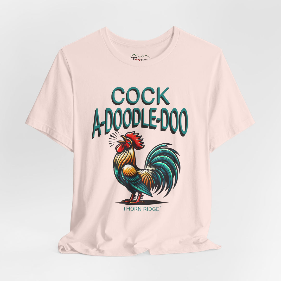 t-shirt with colorful rooster graphic and 'Cock A-Doodle-Doo' text labeled Thorn Ridge®