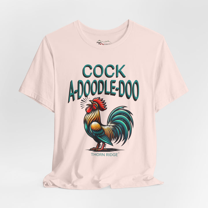 t-shirt with colorful rooster graphic and 'Cock A-Doodle-Doo' text labeled Thorn Ridge®