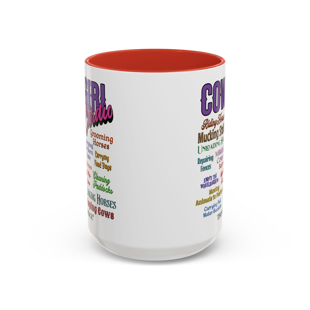 Mug with 'Cowgirl Cardio' text and red handle on a white background