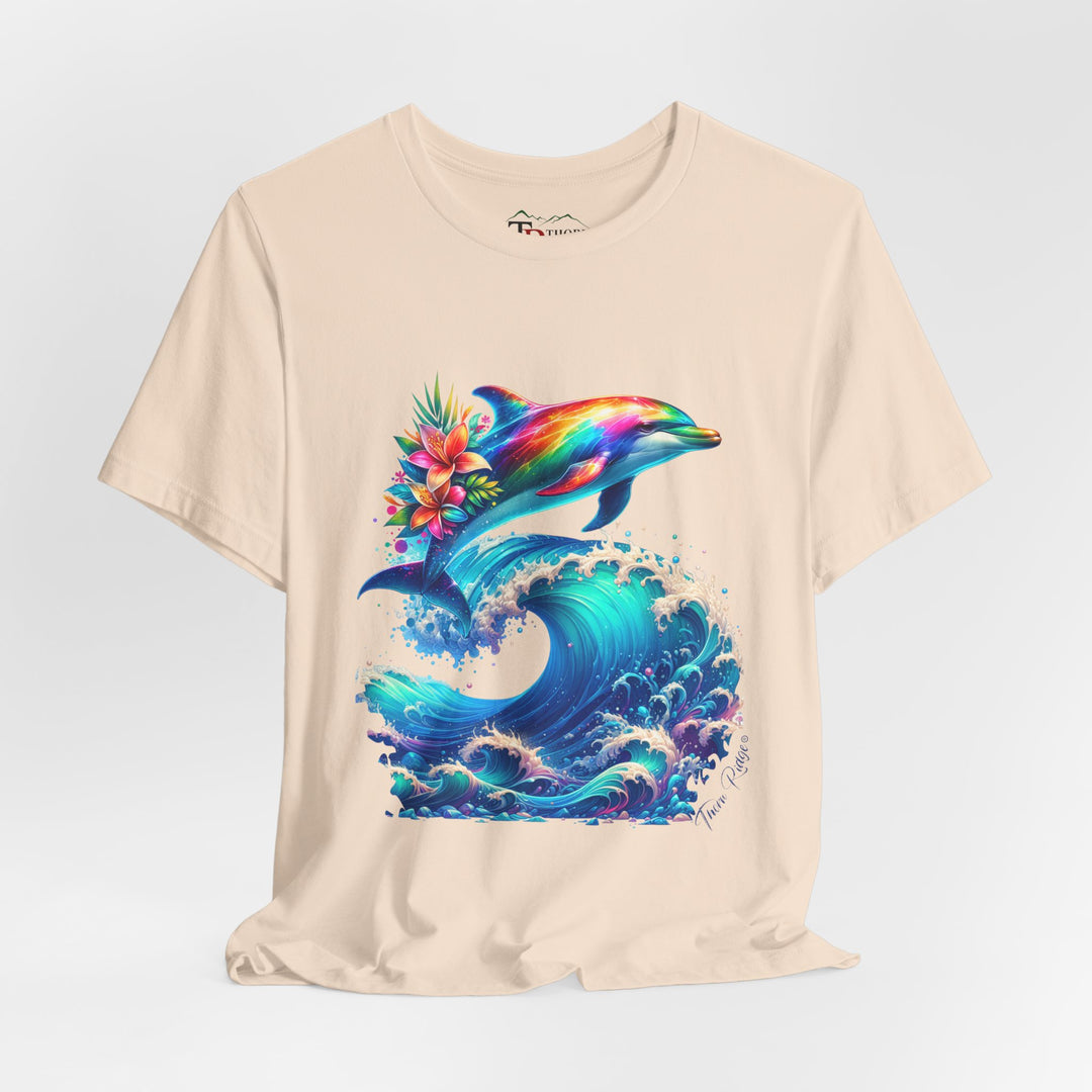 t-shirt with a colorful dolphin and wave design branded Thorn Ridge®