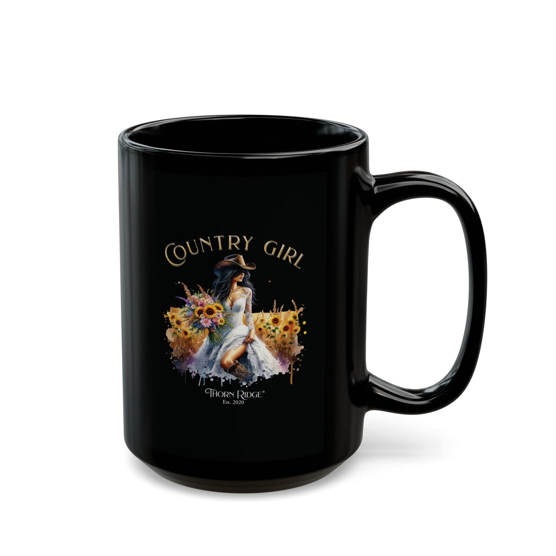 Country Girl brunette in a feild of flowers mug by Thorn Ridge®