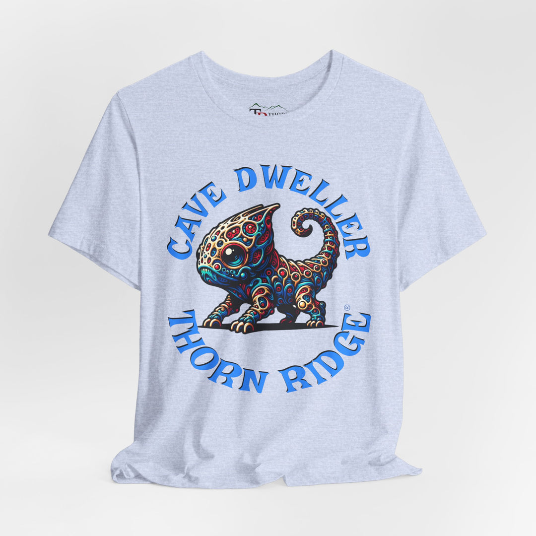 Cave Dweller funny lizard creature graphic tee labeled Thorn Ridge®