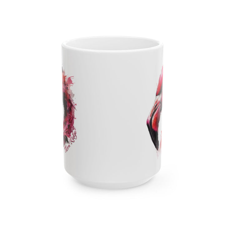 White mug with a hot pink and black flamingo design by Thorn Ridge®