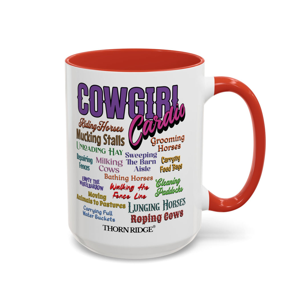 Mug with 'Cowgirl Cardio' text and red handle on a white background