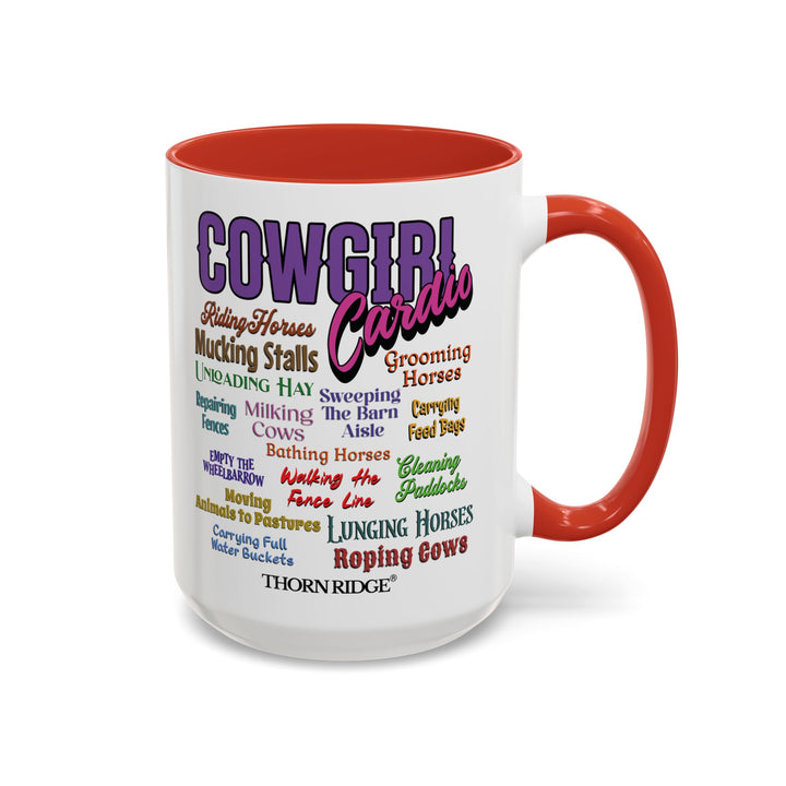 Mug with 'Cowgirl Cardio' text and red handle on a white background