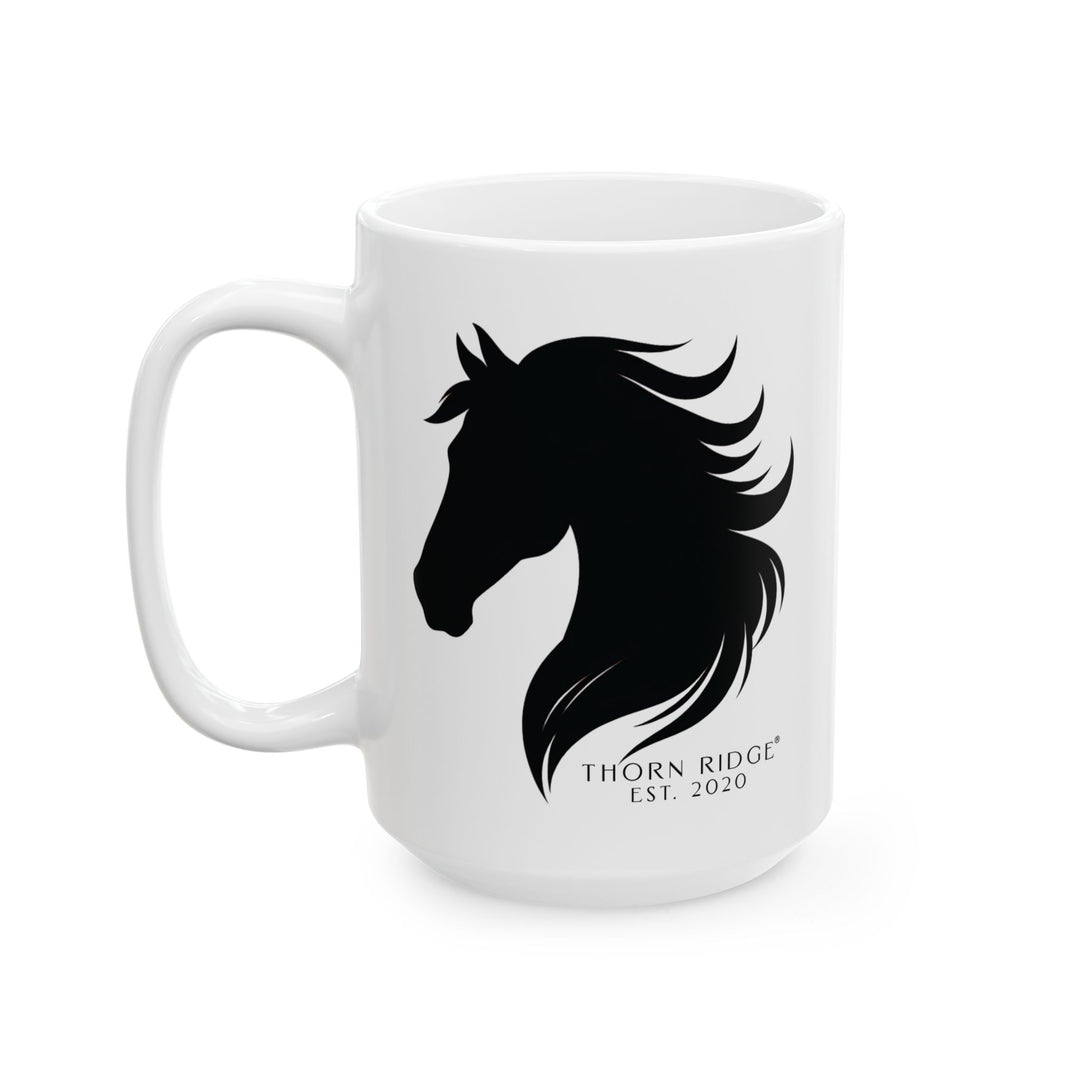 White mug with black horse head with flowing mane silhouette and 'Thorn Ridge Est. 2020' text on a white background
