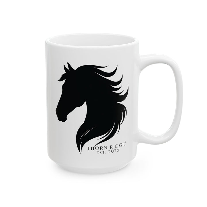 White mug with black horse head with flowing mane silhouette and 'Thorn Ridge Est. 2020' text on a white background