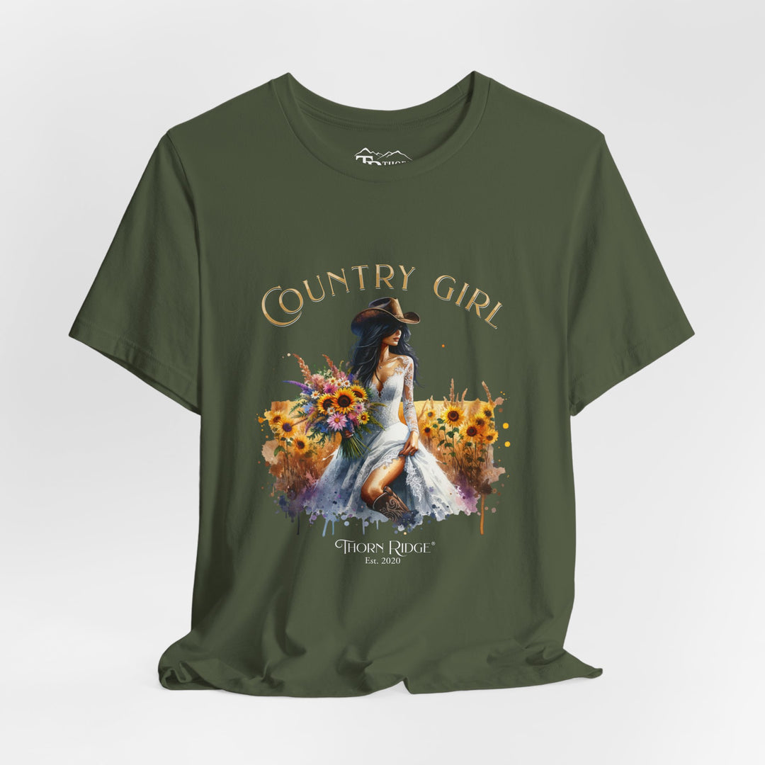 t-shirt with 'Country Girl' graphic design featuring a woman in a white dress and sunflowers and labeled Thorn Ridge®