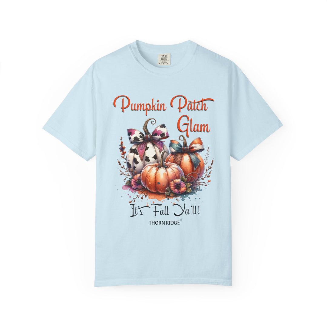 Pumpkin Patch Glam graphic tee with pumpkins wearing cow print bows labeled Thorn Ridge®