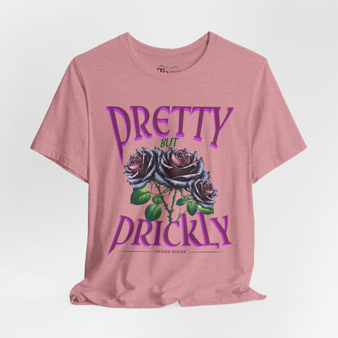 Pretty But Prickly Thorn Ridge Roses Branded t-shirt in purple with black and purple roses. 