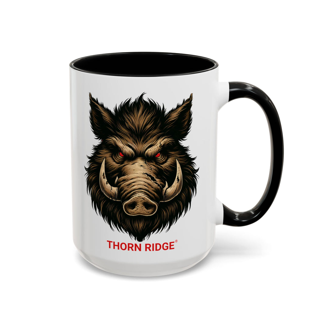 White mug with black interior and handle featuring a boar design and 'Thorn Ridge' text on a white background.