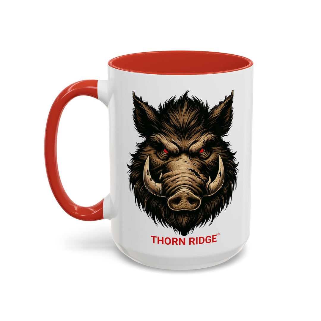 White mug with red interior and handle featuring a boar design and 'Thorn Ridge' text on a white background.