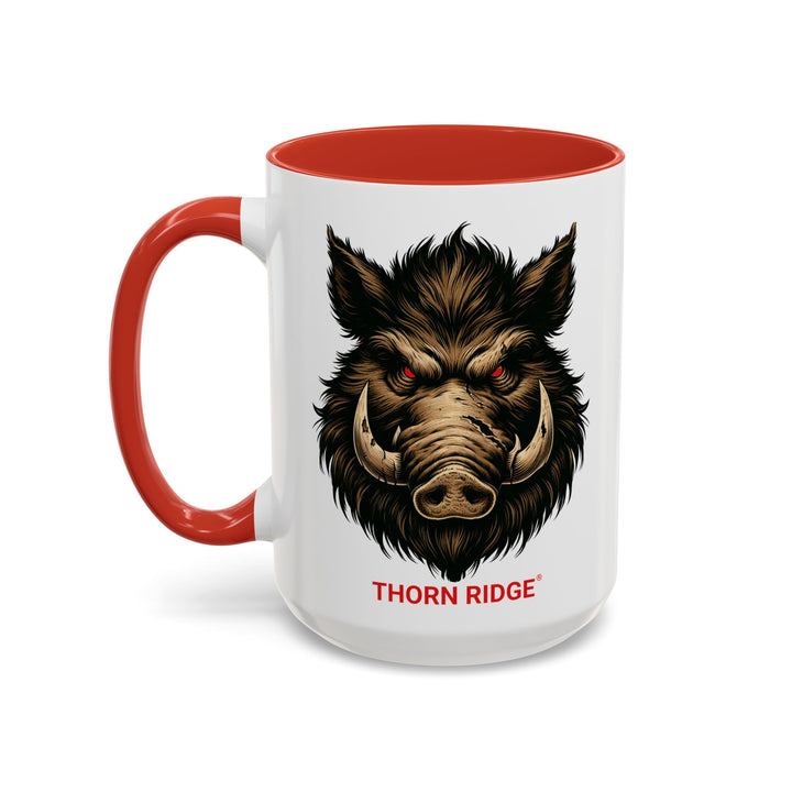 White mug with red interior and handle featuring a boar design and 'Thorn Ridge' text on a white background.