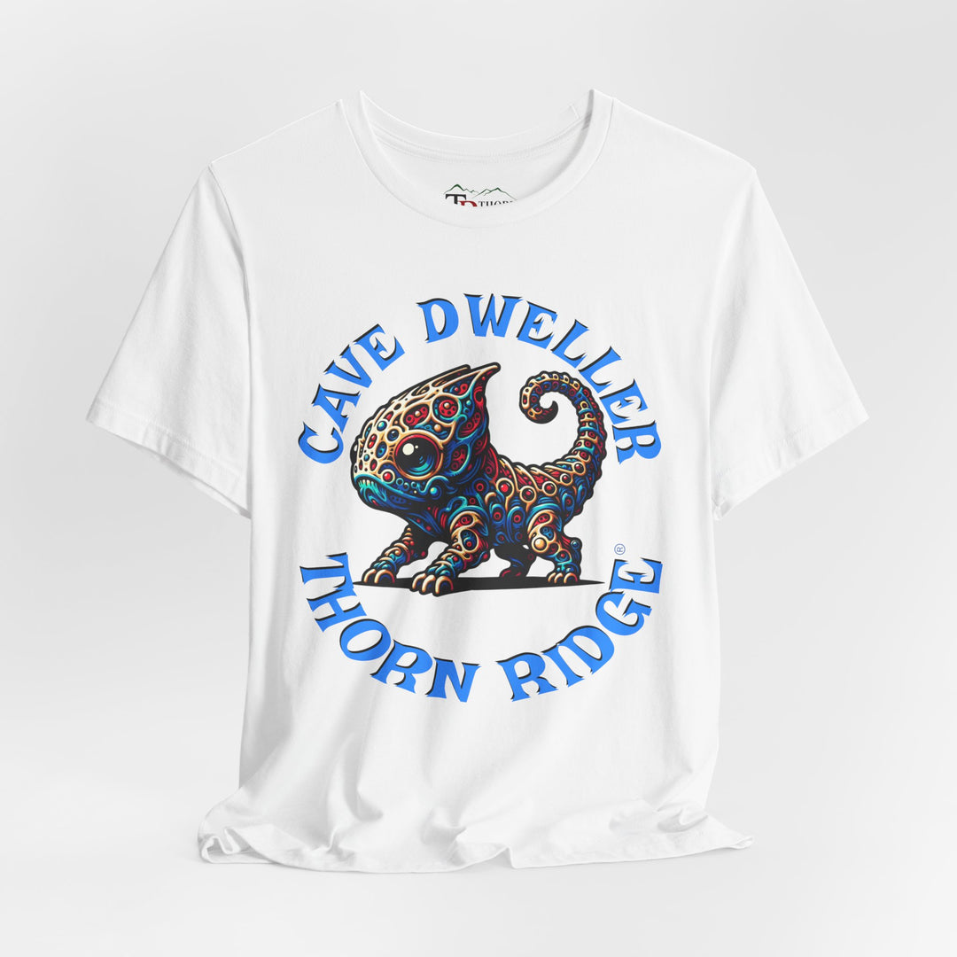 Cave Dweller funny lizard creature graphic tee labeled Thorn Ridge®
