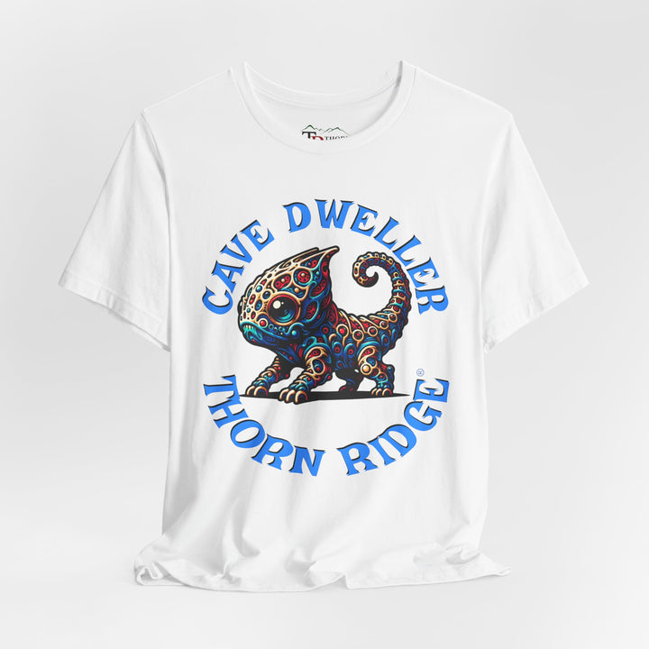 Cave Dweller funny lizard creature graphic tee labeled Thorn Ridge®