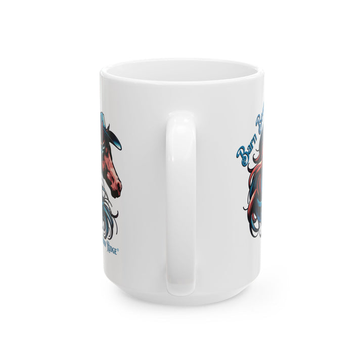 Barn Boss mug by Thorn Ridge® with a horse wearing a cowboy hat and has a long flowing mane. 