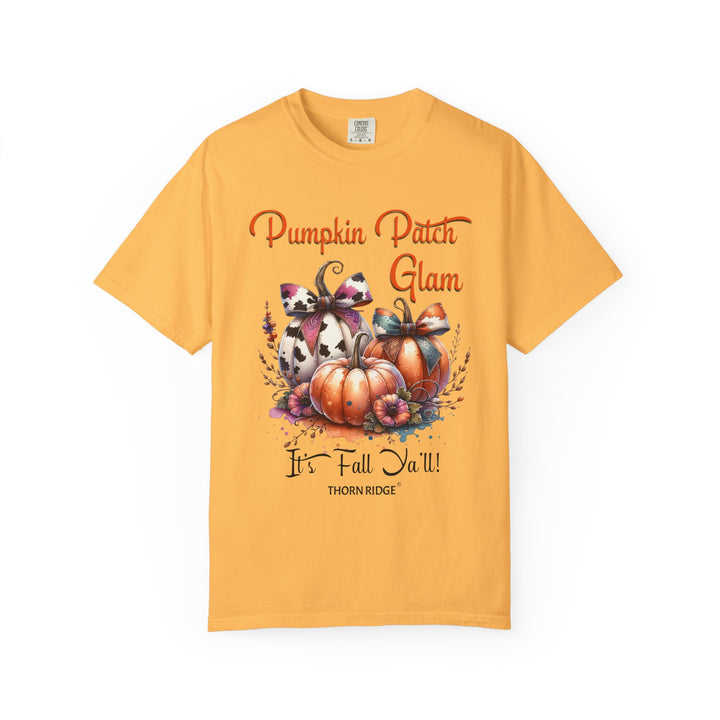 Pumpkin Patch Glam graphic tee with pumpkins wearing cow print bows labeled Thorn Ridge®