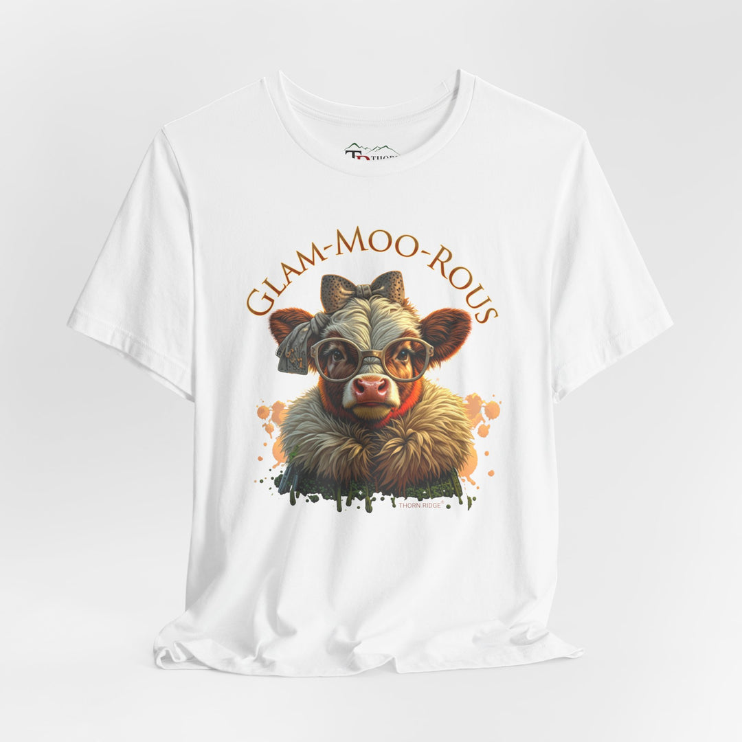 "Glam-Moo-Rous" Graphic Tee with a  Cow in brown tones with sunglasses and bows on her head and a boa around her neck. Labeled Thorn Ridge®