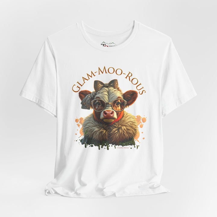"Glam-Moo-Rous" Graphic Tee with a  Cow in brown tones with sunglasses and bows on her head and a boa around her neck. Labeled Thorn Ridge®